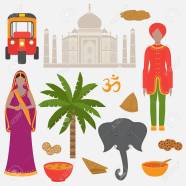 India set. Hinduism design elements. South Asia beautiful woman and man wearing indian traditional cloth. Taj Mahal Temple Landmark in Agra. Vedic cuisine, set of vegetarian healthy food.